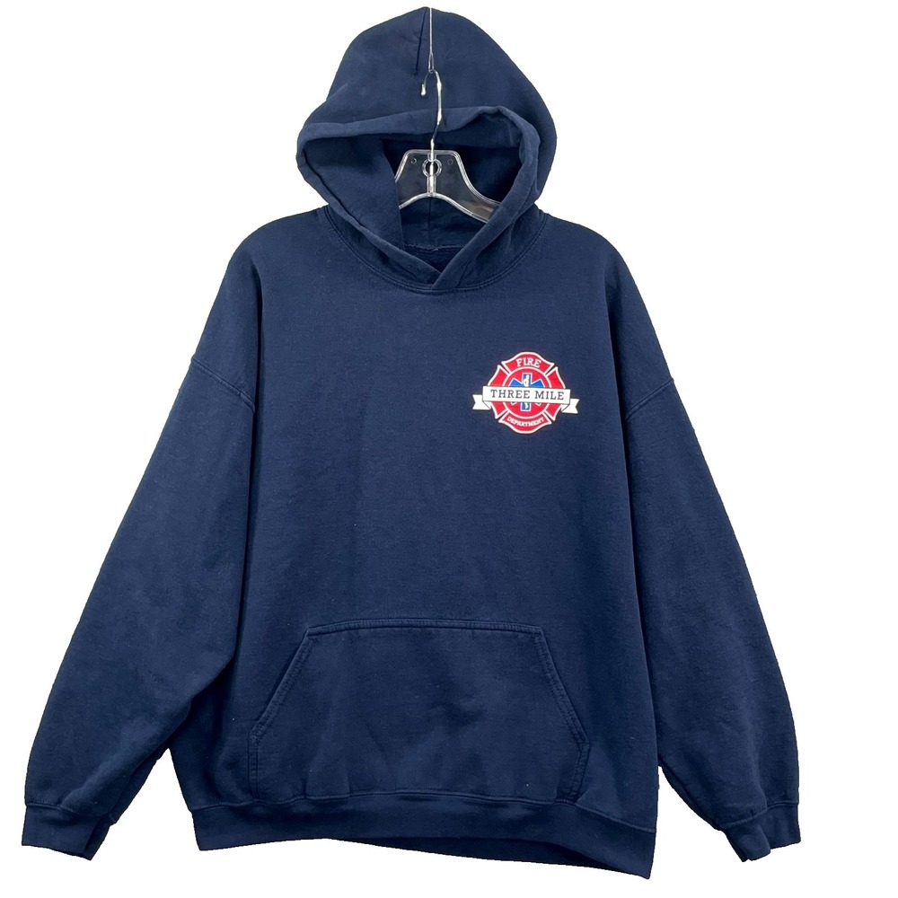 Vintage Three Mile Fire Department Hoodie Men XL Navy Blue Graphic Drop Shoulder